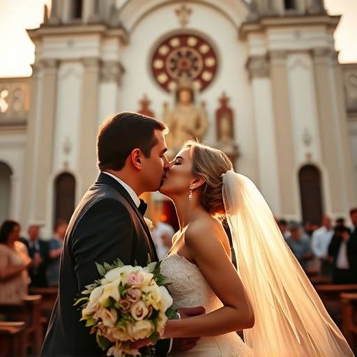Foto de um casal se beijando durante a cerimônia de casamento na Igreja da Candelária, Rio de Janeiro.