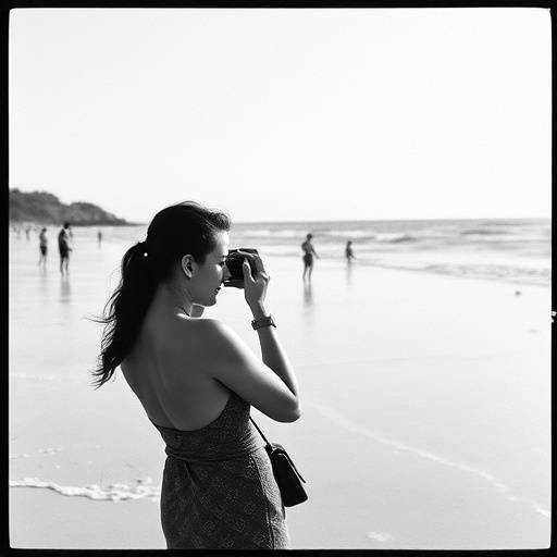 Foto em preto e branco da fundadora, Ana Beatriz, fotografando na praia do Rio de Janeiro nos anos 90