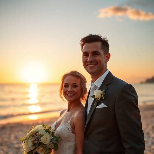 Fotografia de casamento com noivos sorrindo na praia da Barra da Tijuca