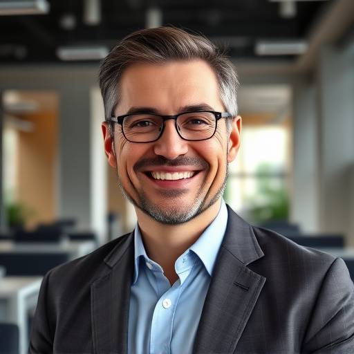 Retrato corporativo de um executivo sorrindo em um escritório moderno